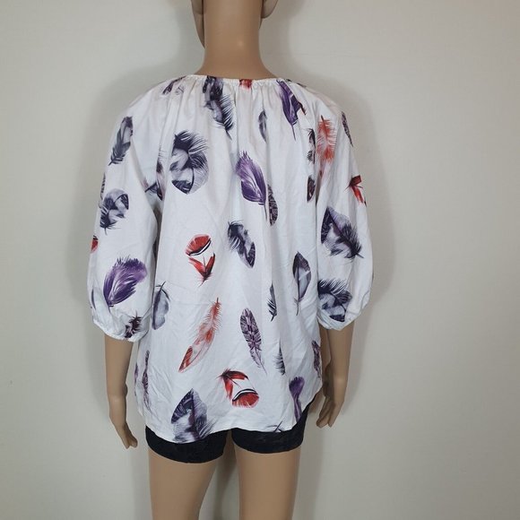 NWOT 10-12 Women's silky satin Blouse Feather Print white Loose Top boho - Picture 4 of 6